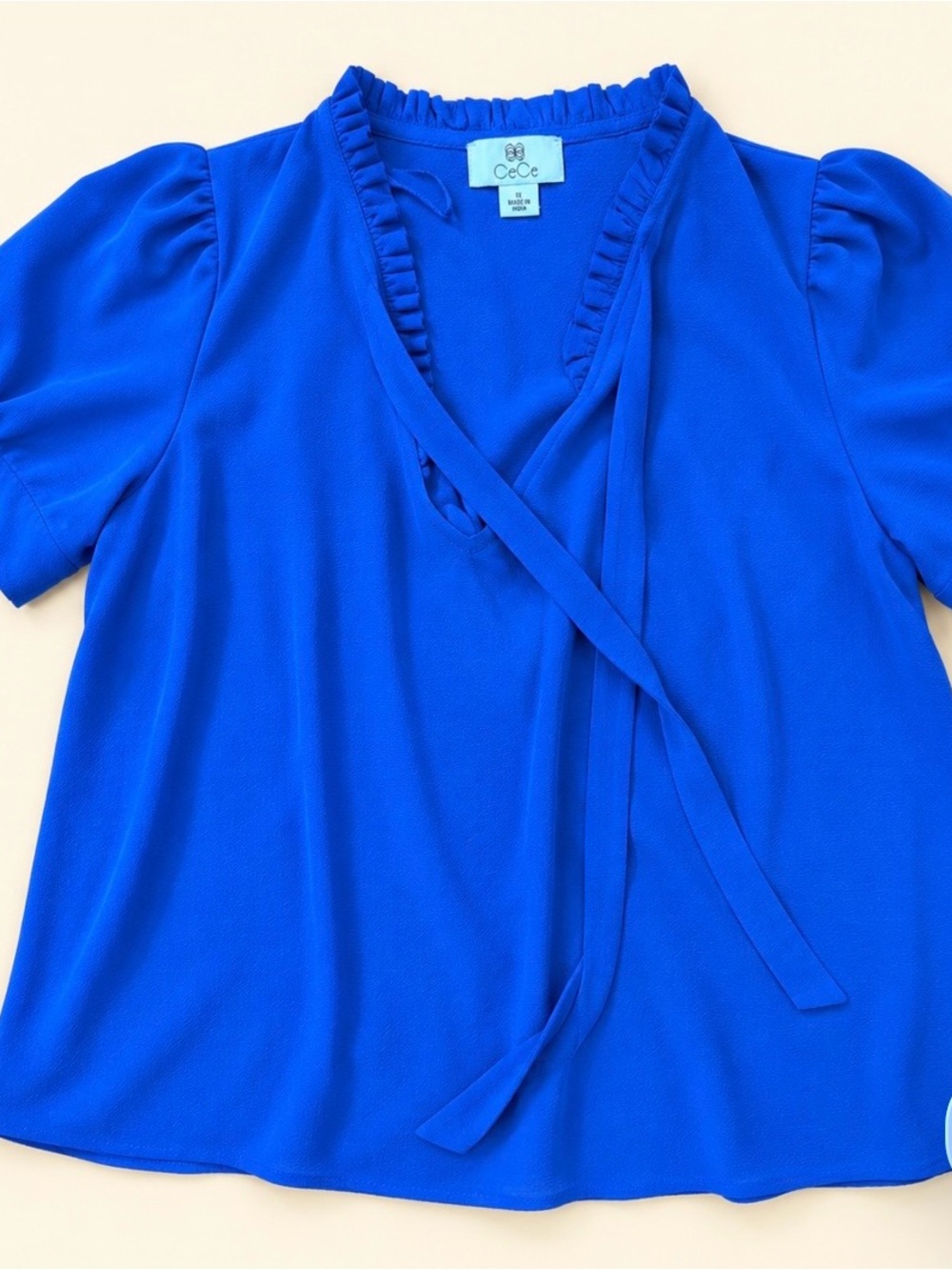 CeCe 1X Cobalt Blue Ruffle Tie Neck Puff Sleeve Blouse